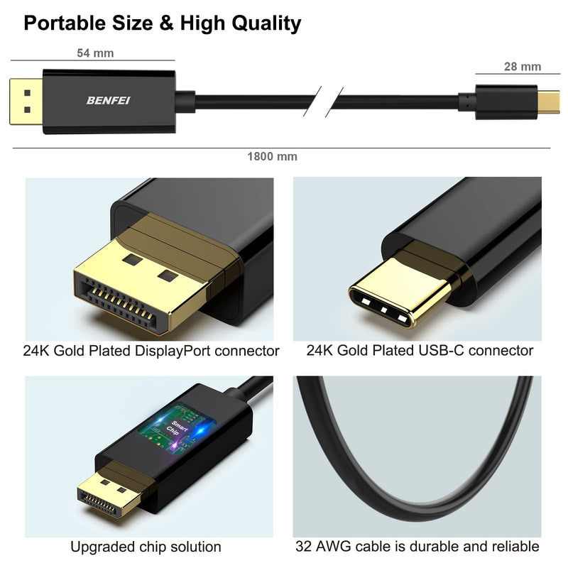  [AUSTRALIA] - BENFEI USB C to DisplayPort 6 Feet Cable(8K@60Hz 4K@144Hz), USB Type-C to DP Adapter [Thunderbolt 3/4 Compatible] with iPhone 15 Pro/Max, MacBook Pro/Air 2023, iPad Pro, iMac, S23, XPS 17 and More Black(ABS Shell) 1 PACK