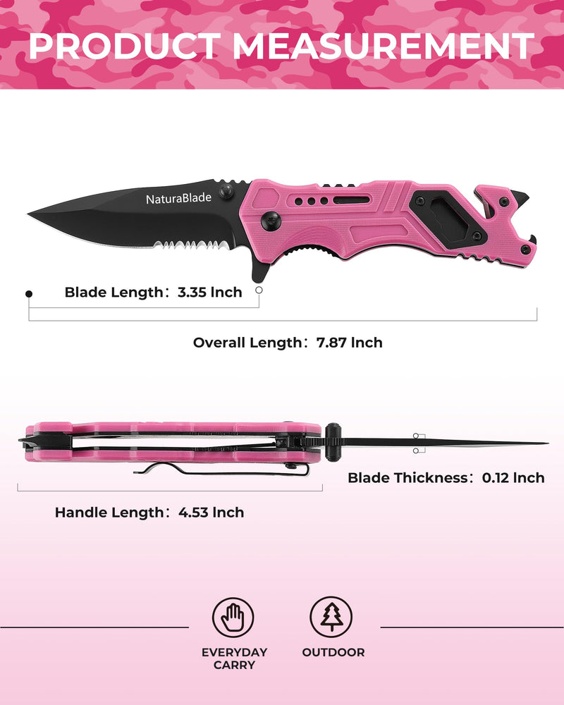Elegant Pink EDC Pocket Knife for Women, 3 Inch Serrated Blade with G10 Handle and Seatbelt Cutter, Perfect for Hiking, Camping and Everyday Confidence