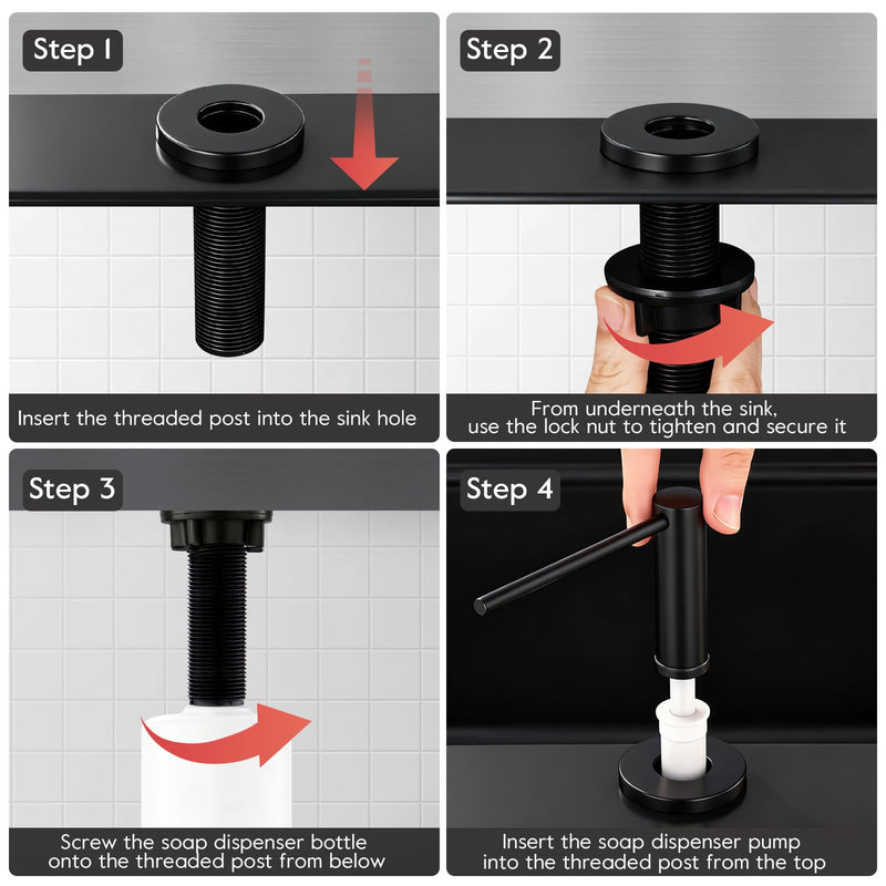 GAPPO Soap Dispenser for Kitchen Sink, Built in Sink Soap Dispenser, Matte Black Stainless Steel Pump Head, Lotion Dispenser with Refillable 17 OZ Bottle