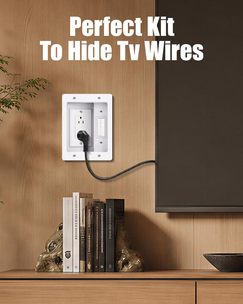 Wall Cable Concealer Kit, Upgraded Recessed TV Outlet Box-Two-Hole Socket with Cable Management Box, Hider in Wall Cable Management Kit Safe Hide Power Cables & Low Voltage Wires Fits All Plugs
