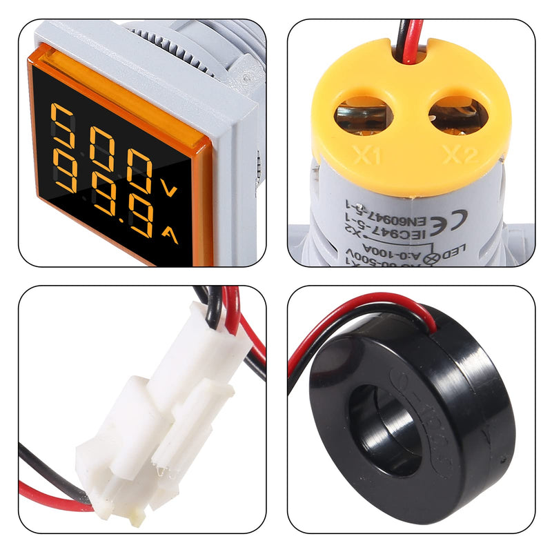 AITRIP 2Pack LED Display Voltmeter, Square Dual Display Voltmeter and Ammeter LED Digital Voltage Gauge AC 60-500V 0-100A Current Meter Indicator Yellow