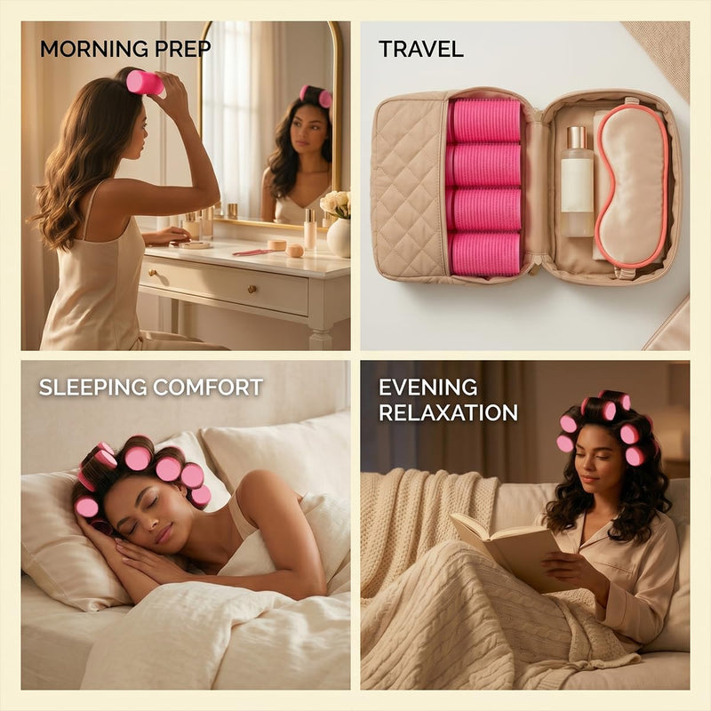 8 PCS No Hair Breakage Rollers, Large Self Grip Hair Curlers for Crown Volume, Heatless Sponge Sleep in Rollers, Volumising Velcro Hair Styling Tools for Long Short Hair, Pink