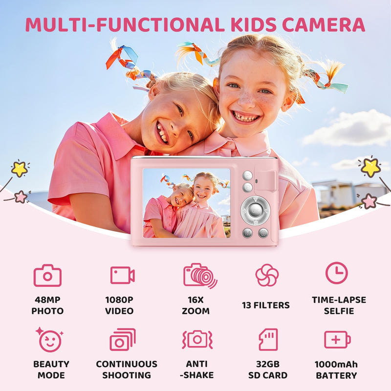 Digital Camera, 48MP FHD 1080P Point and Shoot Camera with 16x Zoom, Anti Shake Autofocus Compact Camera with 32GB Card for Kids, Beginners, Teens, Pink
