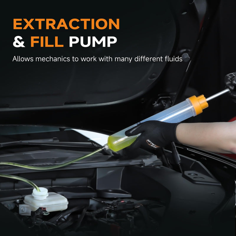 FOUR UNCLES 500cc Fluid Extractor & Fill Pump for Automotive Use - Oil Syringe with a 28" Hose & Two 12" Extension Tubes for Easy Oil Change