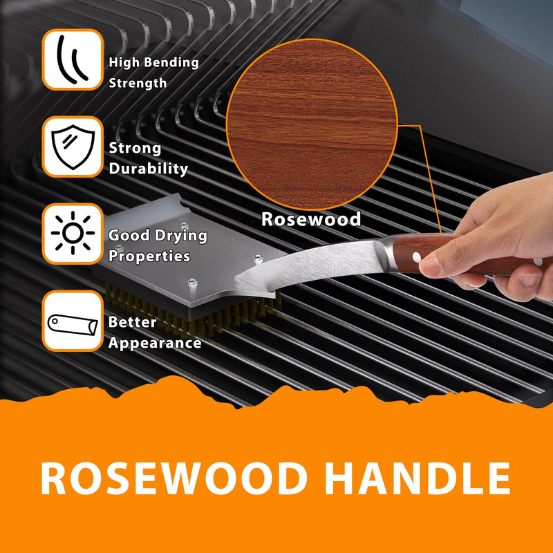 ENLOY Grill Brush and Scraper for Barbecue, 17" Grill Brush for Outdoor Grill, Extended Rosewood Handle and 2 Replaceable Copper Wire Brush Heads, Grill Cleaning Brush Grill Accessories for Most Grill Grill Brush & Scraper