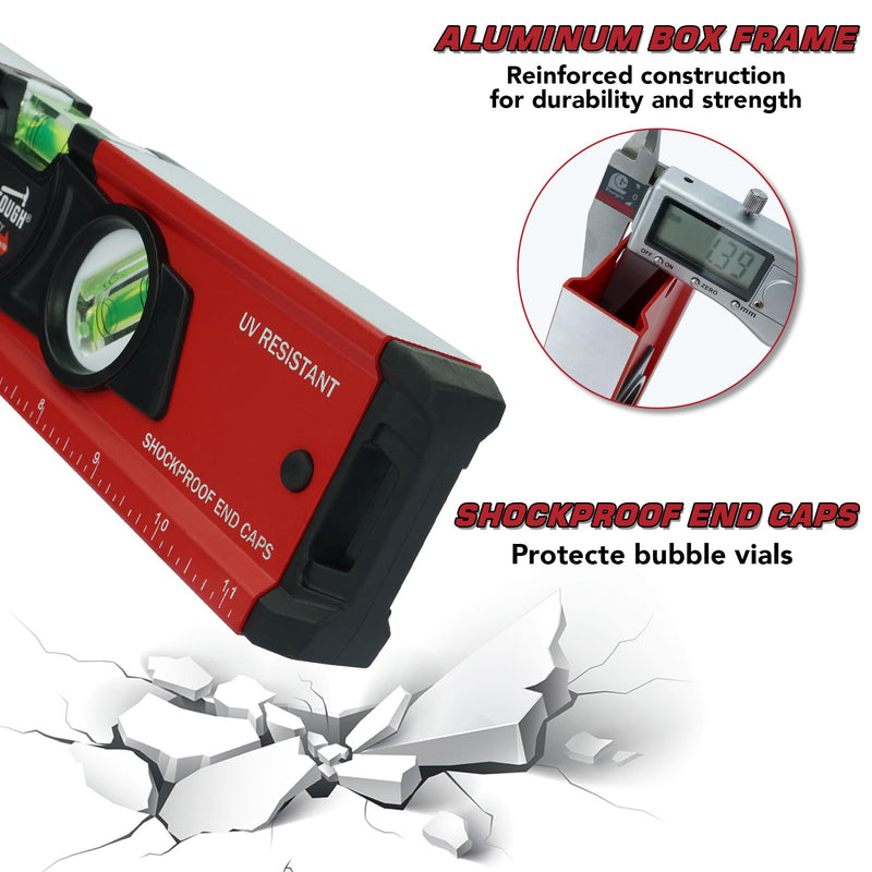 MELOTOUGH 12 Inch Torpedo Level Magnetic,Small Leveler Tool,Aluminum Level with Inch Scale,45°/90°/180°Vial Bubble Level(Red) Red