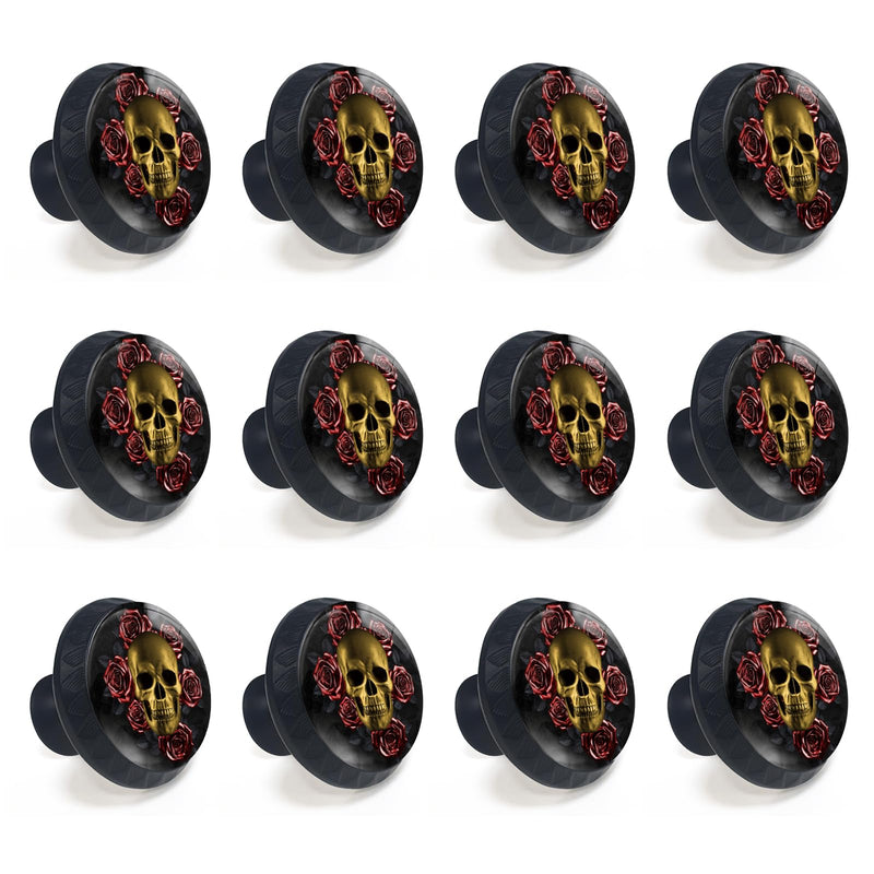 12 Pack Gothic Golden Skull Red Roses Cabinet Knobs for Kitchen | Drawer Pulls Round Dresser Handles Hardware for Desk Cupboard Wardrobe Closet Vanity Door Bathroom Decor 12PCS - 1.37"L x 1.1"W Gothic Gold Skull with Red Roses