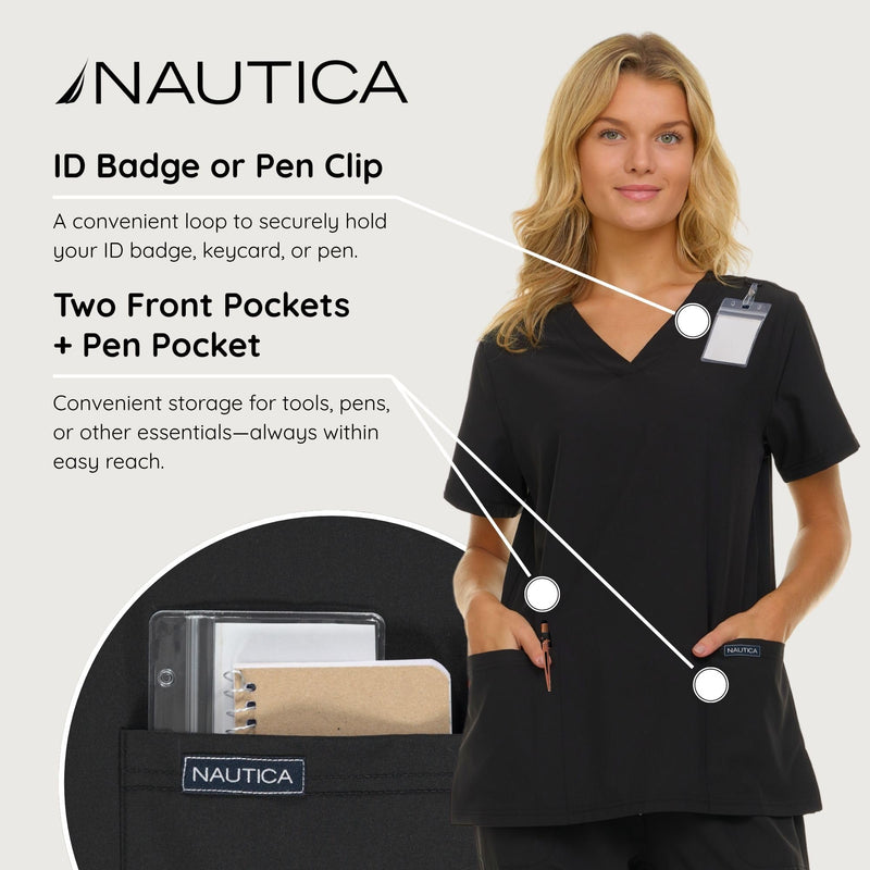 Nautica Womens Scrubs Tops, 3 Pack V-Neck Breathable Scrub Tops Women, 3 Pocket Stretch Fabric Scrubs for Women 3 Pack Blk/Blk/Blk Medium