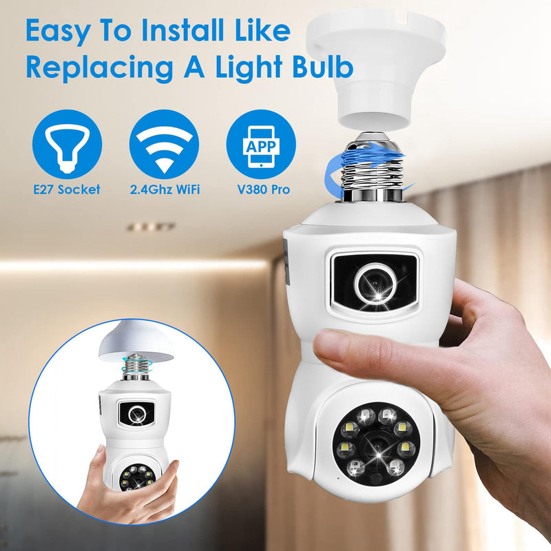 Light Bulb Security Cameras Wireless, 2.4GHz WiFi Light Socket Cam, E27 360° Light Socket Camera for Home Security, Night Vision, 2-Way Talk, Siren Alarm, Motion Detection