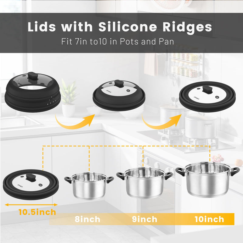Microwave Splatter Cover, Collapsible Silicone Microwave Plate Cover with Glass for Food, Splatter Guard Lid 10.8 inch Black