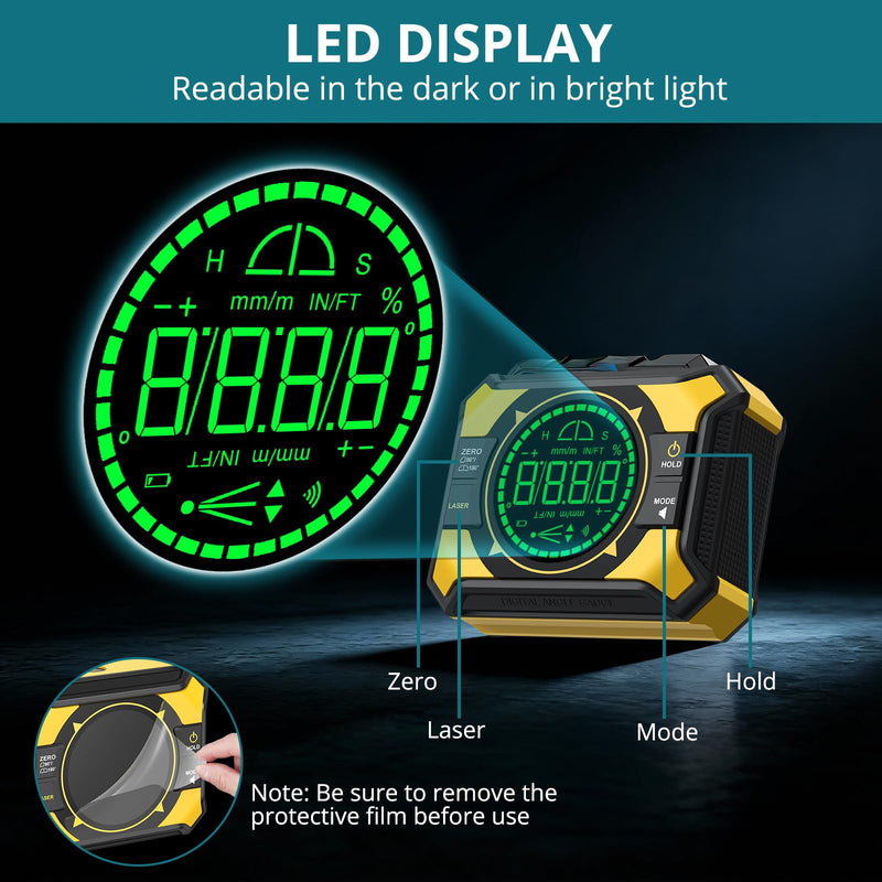 Magnetic Digital Angle Gauge with Dual Laser (Level Class 2, Output<5mW), Type-C Rechargeable 3-in-1 LED Digital Angle Finder ±0.1° High Accuracy for Woodworking, Framing, Tile & Picture Hanging