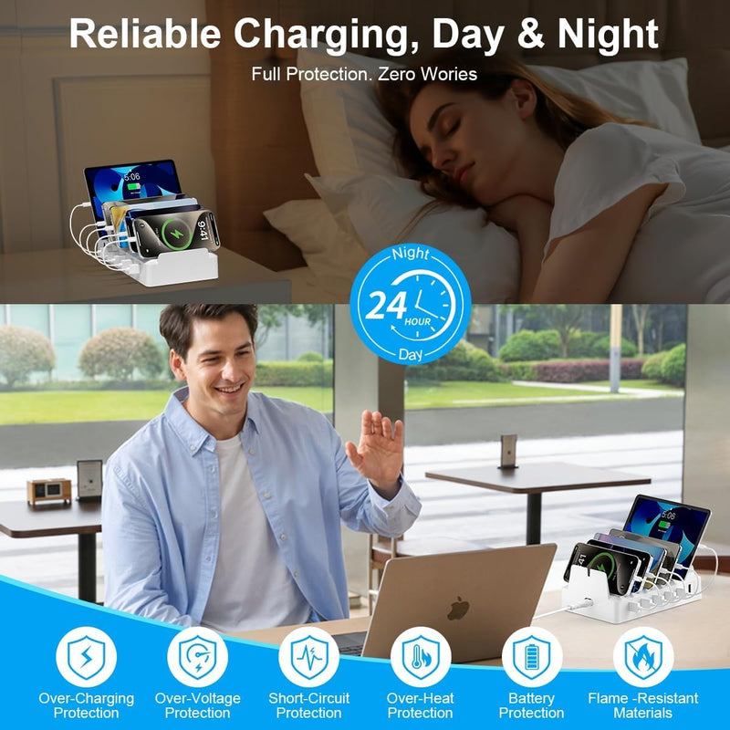 Charging Station for Multiple Devices, 6 Port USB Desktop Charger Dock Compatible with iPad, Samsung, Android, Tablet, Family Multi Phone Charging Organizer with Divider Holders, Fireproof ABS (Black) Black
