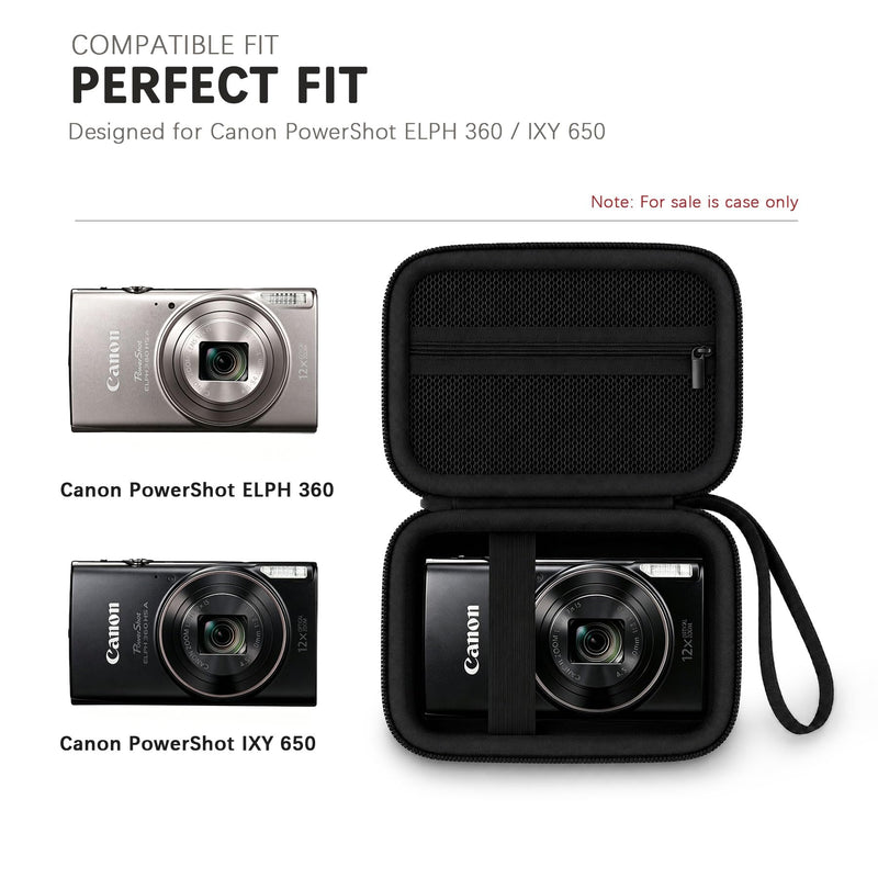 Case for Canon PowerShot ELPH 360 HS A/ 360 HS/ 360/ IXY 650 Digital Camera | Camera Carrying Case Storage Holder Protective Bag. Mesh Pocket Fits Battery Charger Memory Card Accessories. Black+ Black Black+Inside Black