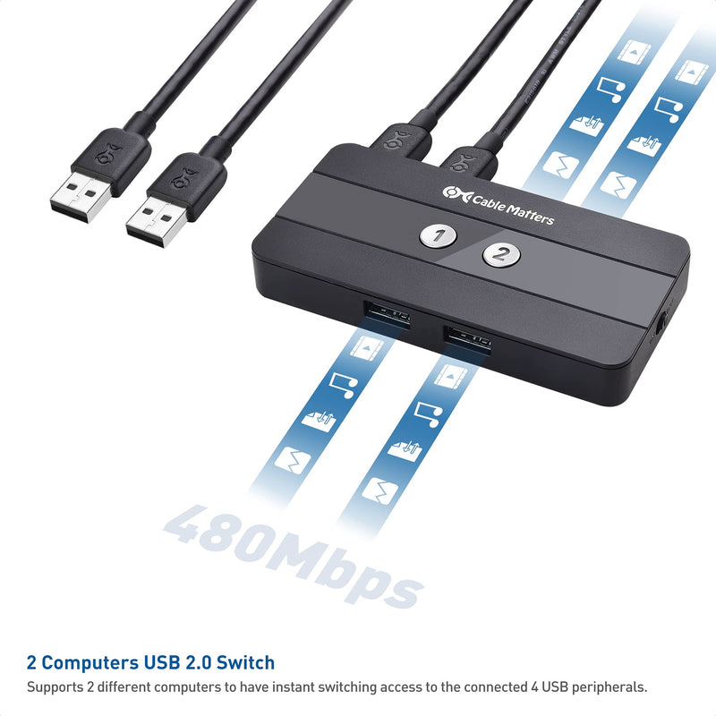 Cable Matters USB 2.0 Switch Hub USB Sharing Switch for 2 Computers and 4 USBA Peripherals - Button or Wireless Remote Control Swapping