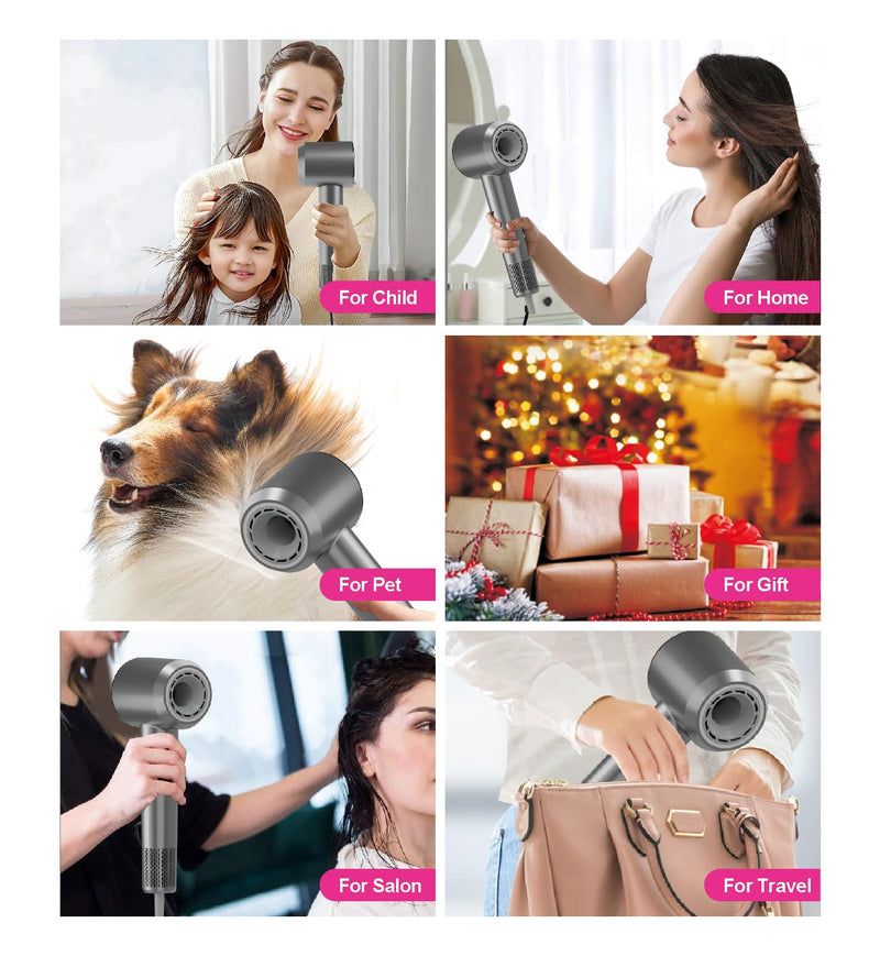 Ionic Hair Dryer – 150,000 RPM Brushless Motor Fast Drying, Professional Hair Blow Dryer with Diffuser, 3 Heat & 3 Speed Settings, Low Noise, Cool Shot, Anti-Frizz Hairdryers for Women & Man Gray
