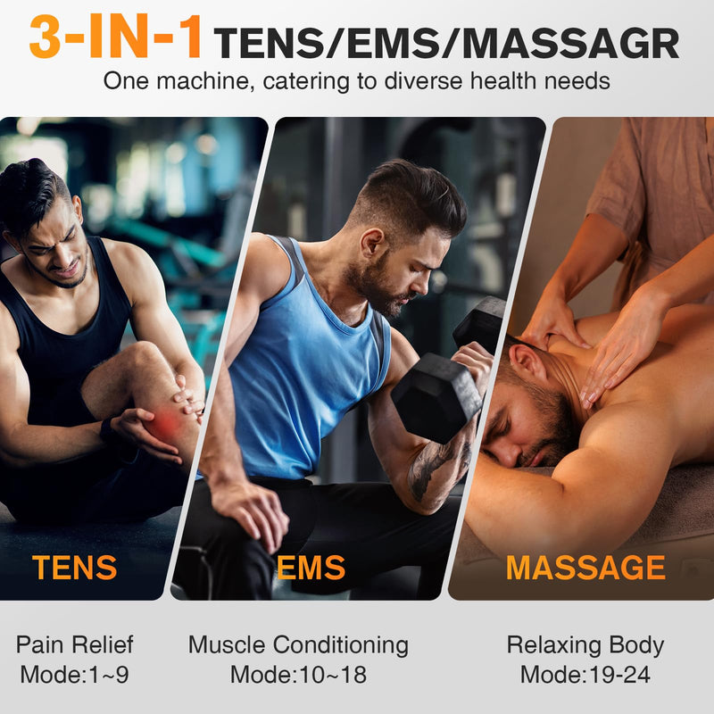 NURSAL TENS Unit Muscle Stimulator for Pain Relief Therapy, 3-in-1 Dual Channel TENS Machine with EVA Travel Case, 24 Modes EMS Muscle Stimulator for Back, Shoulder, Neck, Sciatica