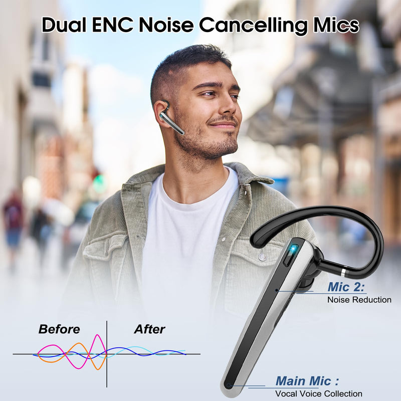 Bluetooth Headset V5.3, Wireless Headset with ENC Noise Canceling Mic | 120Hrs Talk Single-Ear Bluetooth Earpiece, LED Display, IP7 Waterproof Hand-Free Earphone for Business/Trucker/Driver Mysterious Black