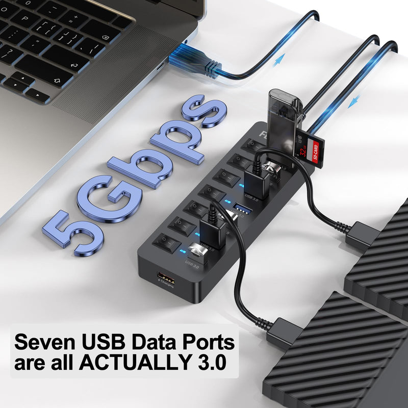 Powered USB Hub 3.0, 5Gbps Data Transfer 7 Ports and 12W Charging-only 1 Port with 5V/3A Power Adapter 4Ft Long Cable & Individual Switches for Laptop PC Flash Drive External SSD HDD Keyboard Mouse 1 Pack 7 USB 3.0 +1 Charging