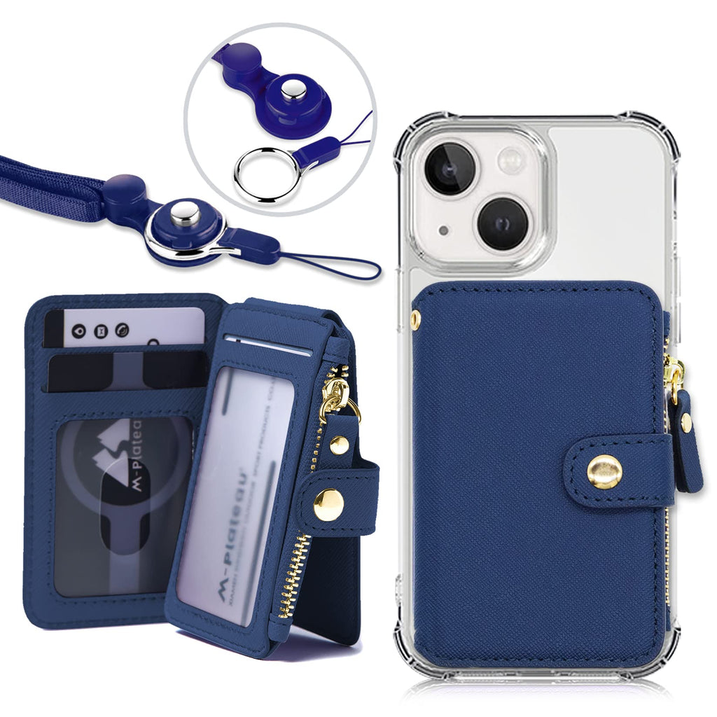 Phone Wallet Stick On,M-Plateau PU Leather Card Holder with Zipper Coin Pocket Compatible with iPhone and iPhone Case for Women with 3M Adhesive and Phone Lanyard Navy Blue