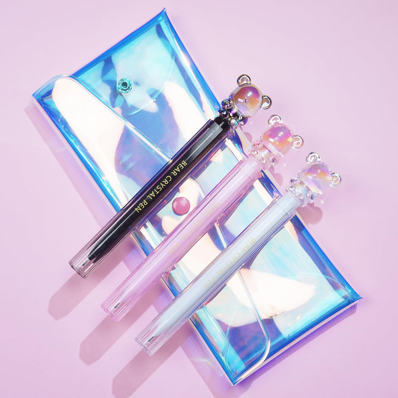 Cute Pens for Women – 3 Pack Nice Fine Tip Pens from the Fantasy Crystal Bear Collection, with Laser Pointer Pouch, Cute Stationary for Note Taking & Office Essentials