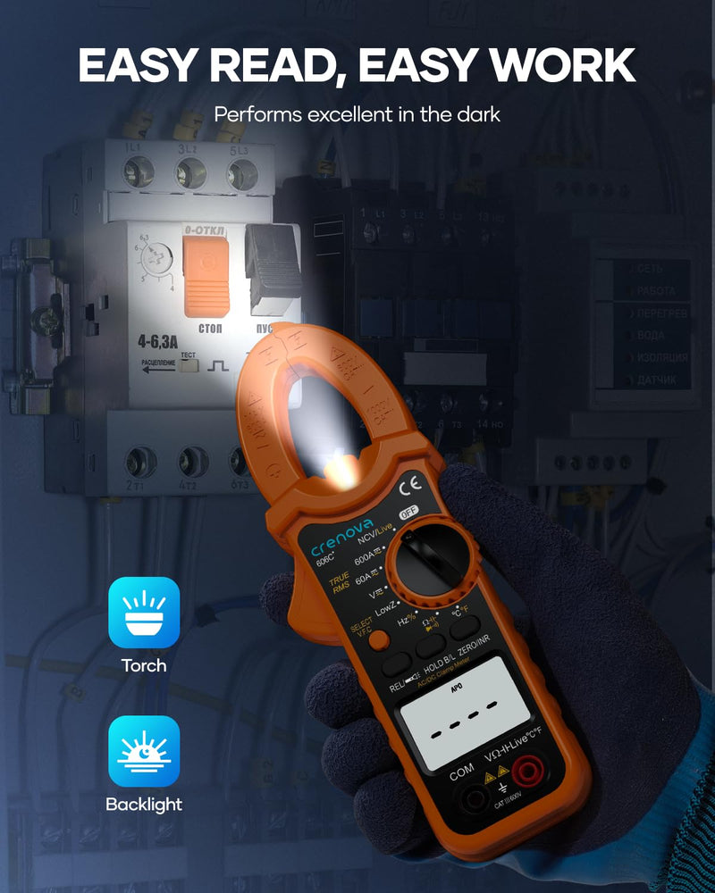 Crenova Digital Clamp Meter Multimeter 6000 Counts TRMS Voltage Tester Amp Meter for AC/DC Current/Voltage,Resistance,Capacitance,Frequency,Duty Cycle,Temperature,Continuity,Diode,NCV,Live Wire Test