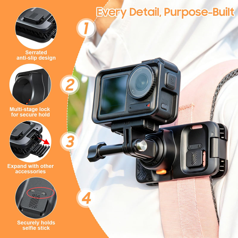 Action Camera Multifunction Backpack Strap Mount.Self-Developed Action Camera Accessories, Compatible with Various Models of Action Cameras *Selfie Stick not Included (Black, 9.8) BLACK