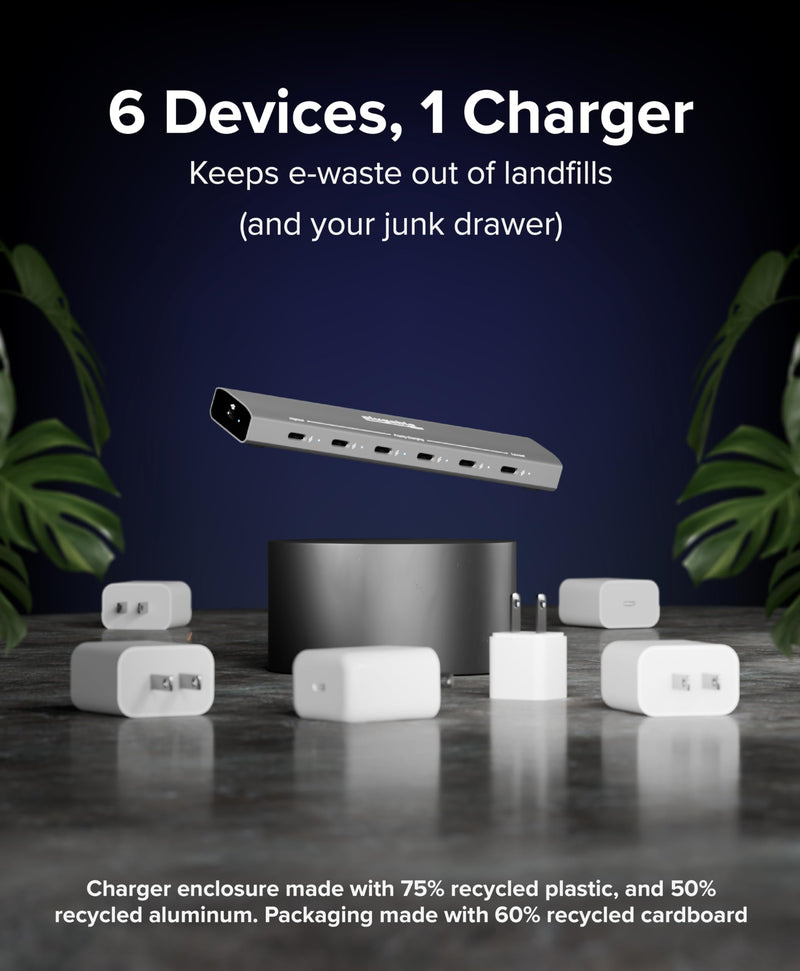 Plugable 6 Port USB C Charging Station, Up to 100W Charger for Multiple Devices with Priority Charging, Desktop Power Hub for USBC Devices Including Laptops Phones Tablets Earbuds and More (PS-6CC)