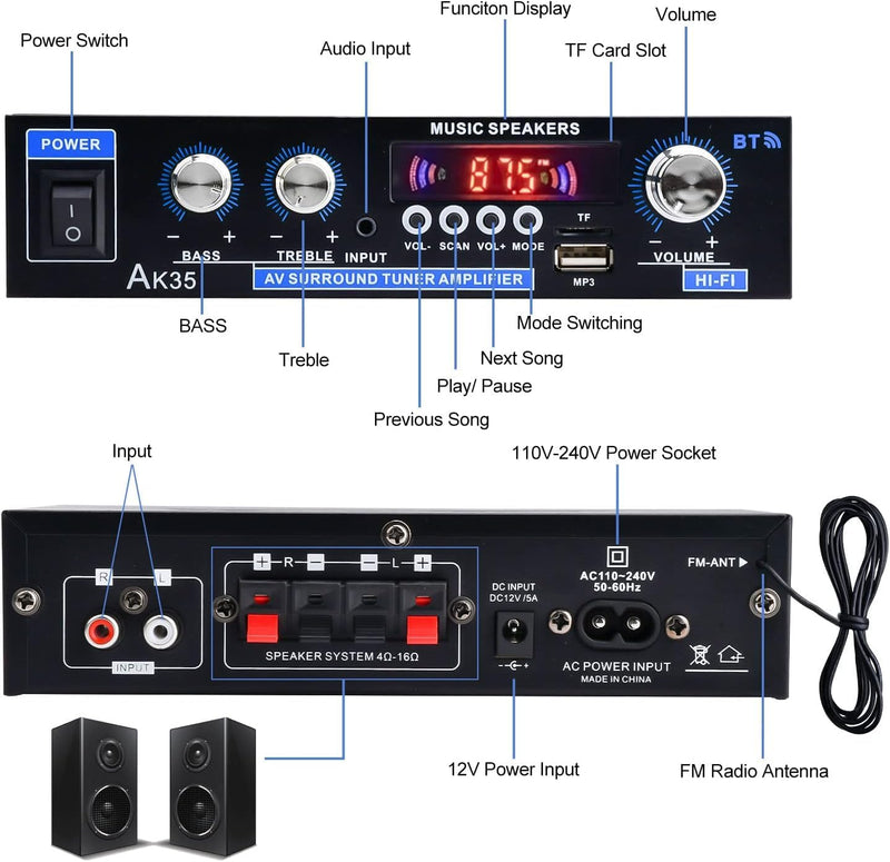 AK35 Home Audio Amplifier Receiver, 200W Home Dual Channel Bluetooth 5.0 Sound Speaker AMP, Home Amplifiers FM Radio/USB/SD/Card w/Remote Control Home Theater Audio Stereo System Components AK35-2
