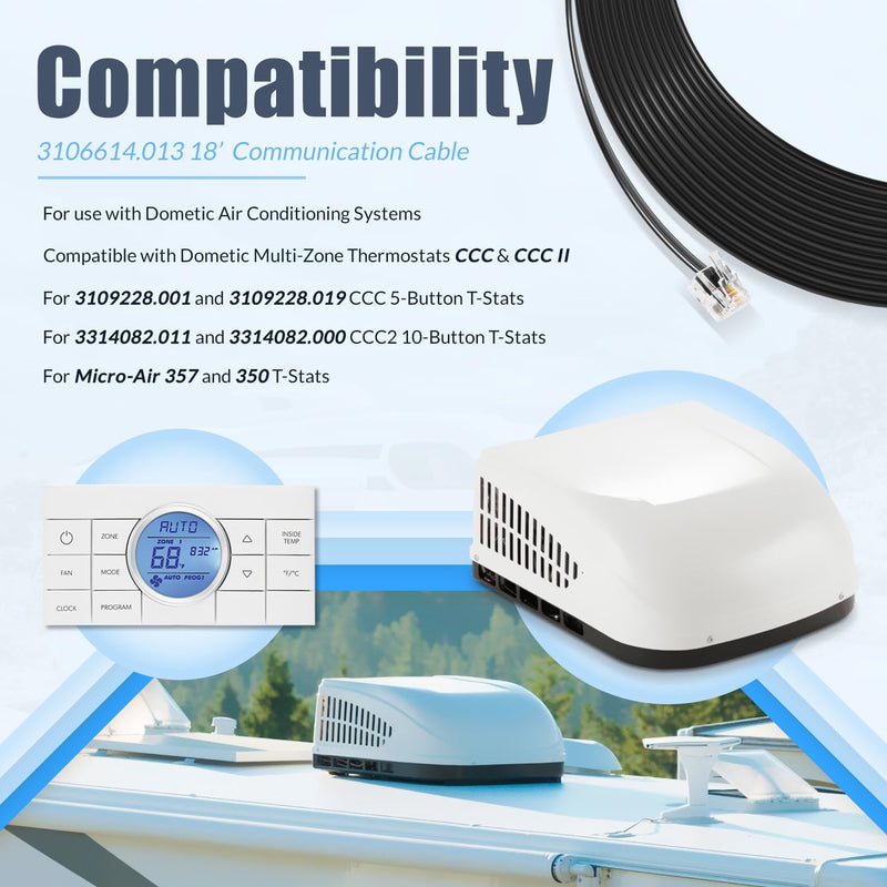 3106614.013 18’ RV Air Conditioner Communication Cable Fit for Dometic Multi-Zone Thermostats CCC and CCC II, Plug-and-Play, Replace for 3308013.006 3106614.013 18’