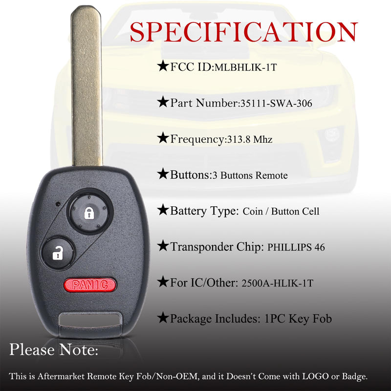 MechanMagic Key Fob Remote Replacement Fits Honda CRV 2007 2008 2009 2010 2011 2012 2013/CRZ 2007-2014 2015/Fit/Insight/Accord Coupe/Crosstour MLBHLIK-1T Keyless Entry Remote Control 35111-SWA-306