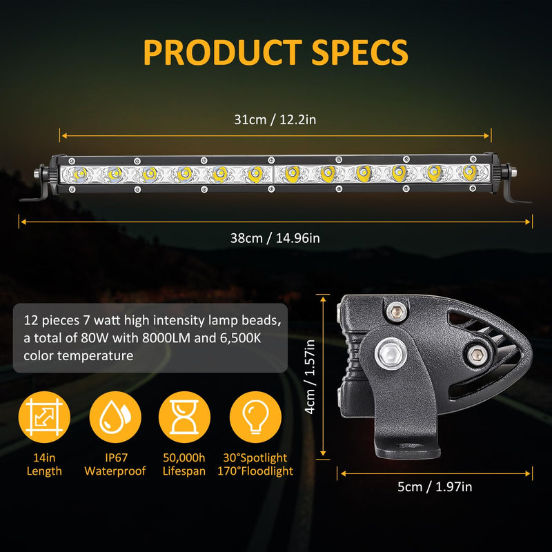 Zmoon Led Light Bar 12in Signal Row Light Bar [14in w/Bracket] 40W Spot Flood Combo Off Road Light, Waterproof Slim Light Bar for SUV Jeep ATV Boat 12n led light bar