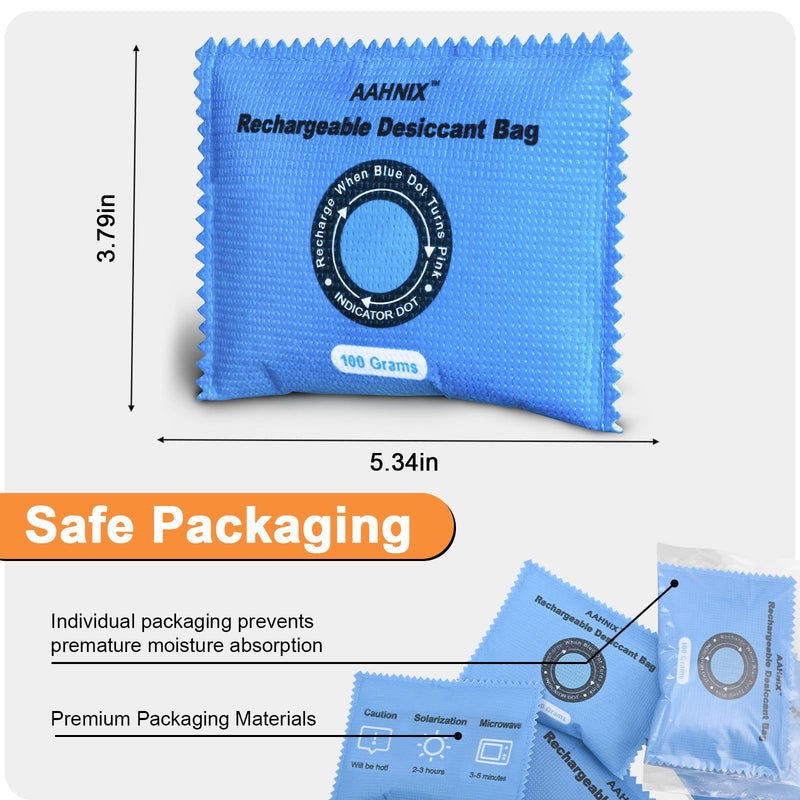 5 Pack Rechargeable Silica Gel Packets, 100g Each-Moisture Absorbers for Storage Bins, Safe Dehumidifier Bags, Desiccant Packs for Closets, Cars, and Electronics 5