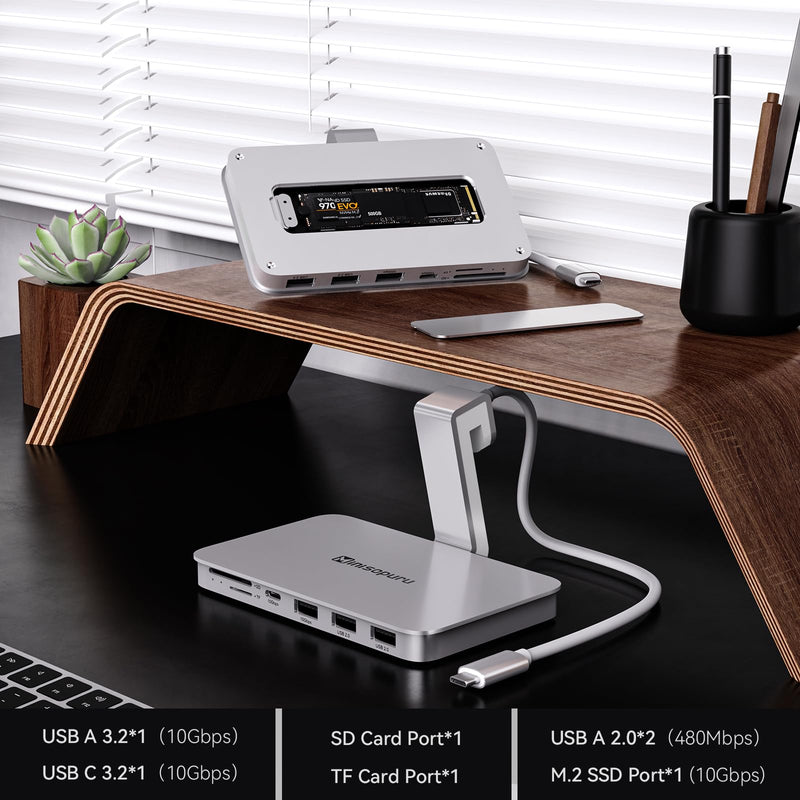 Minisopuru iMac Hub - Compatible with iMac 24 inch M1/M3/M4 and Studio Display 27 inch, Accessories Support Max 10Gbps M.2 SSD (SSD Not Included), USB A/C 10Gbps, SD/TF, Silver.