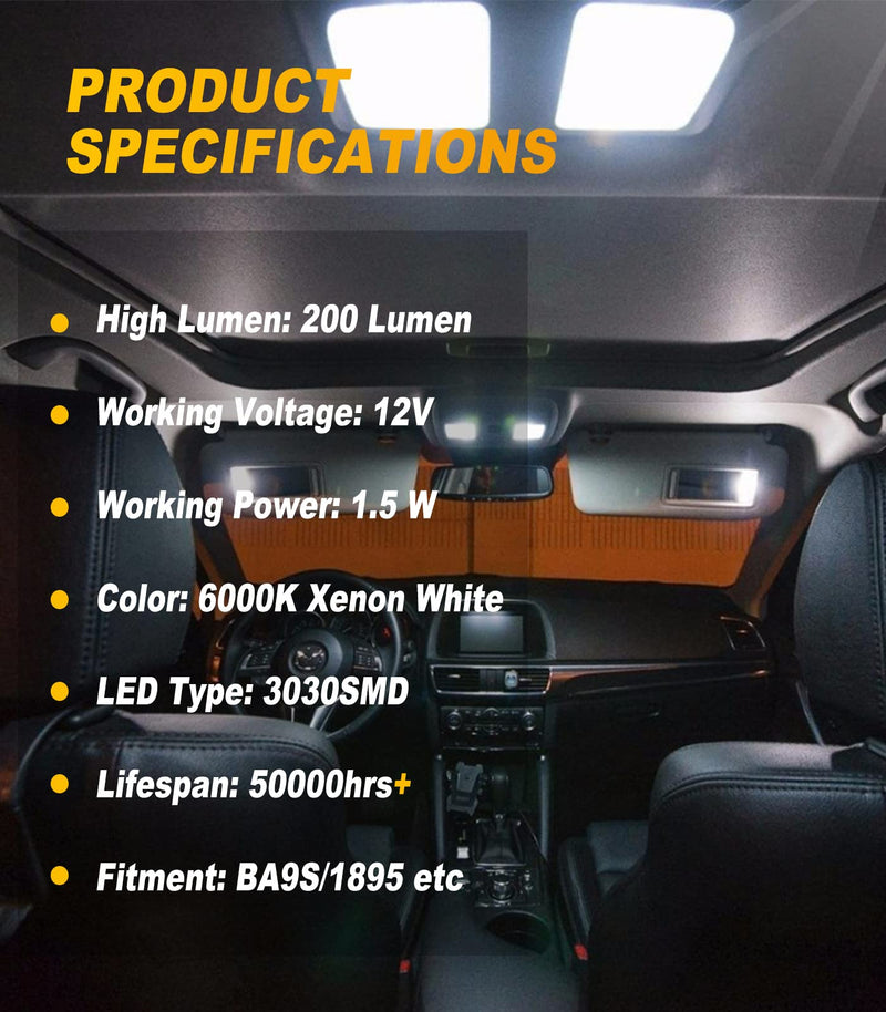 Serundo Auto BA9S Led Car Bulb BA9 1895 1891 53 57 Led Car Bulb, 2SMD 3030Chips 6000K White 47830 64111 3893 LED Car Bulb for Car Interior Dome Map License Plate Glove Box Light etc, Pack of 10pcs BA9S/BA9/3893-10pcs