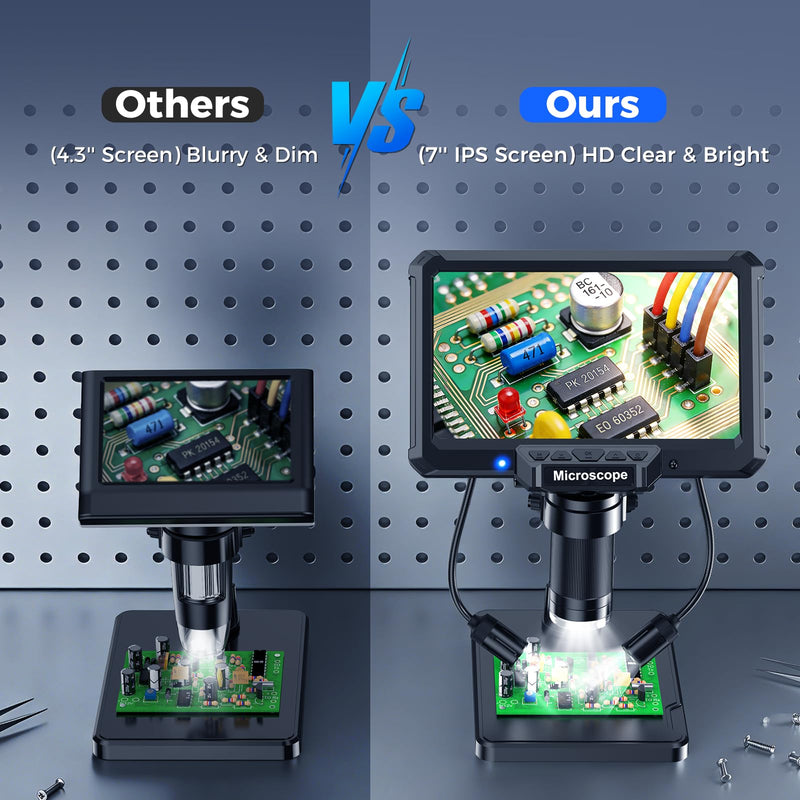 7" LCD Digital Soldering Microscope with Remote and Side Lights | For soldering and PCB inspection. 7" screen, remote and 2 side lights help reduce shake and shadows.