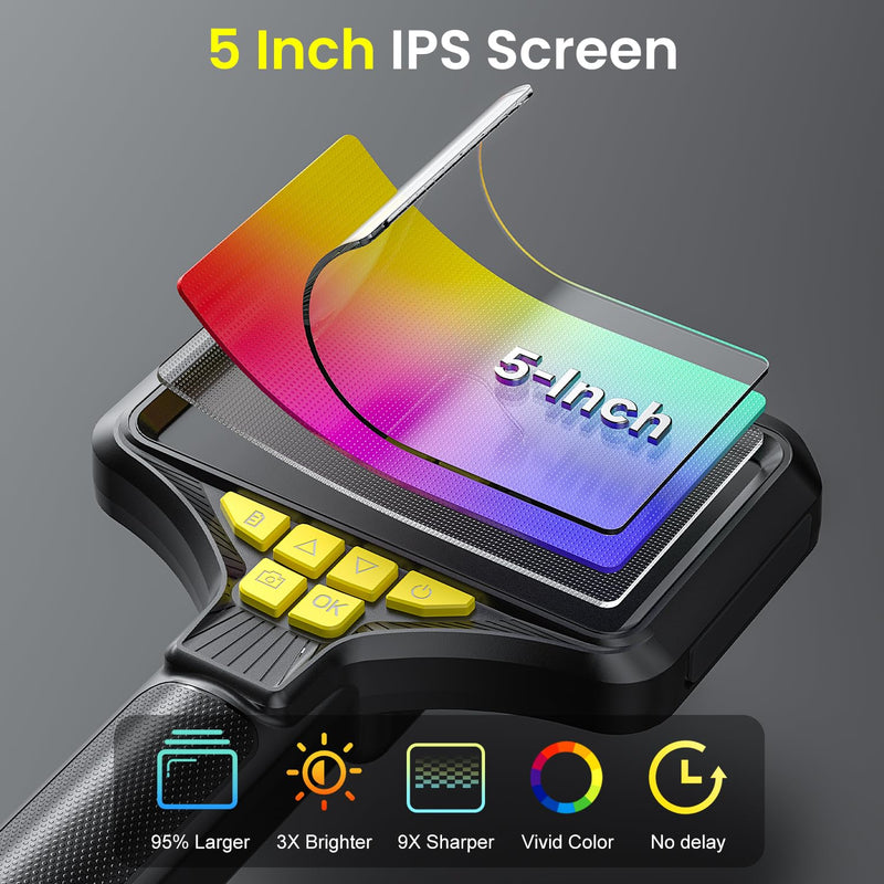 Dual Lens Endoscope Camera with Light, 5.0'' IPS Screen Inspection Camera, 1080P HD Handheld Borescope with 8 LED Lights, 7.9mm IP67 Waterproof Lens with 16.5ft Semi-Rigid Cable