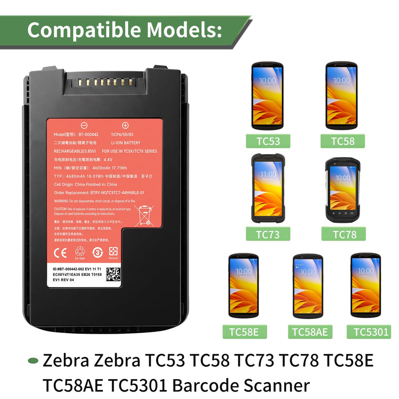 WUHAO Upgraded for Zebra TC53 TC58 TC78 Scanner Battery BT-000442 | for Zebra TC73 TC78 TC58E TC58AE TC5301 BTRY-NGTC5TC7-44MA-01 BT-000442-00 Barcode Scanner Battery