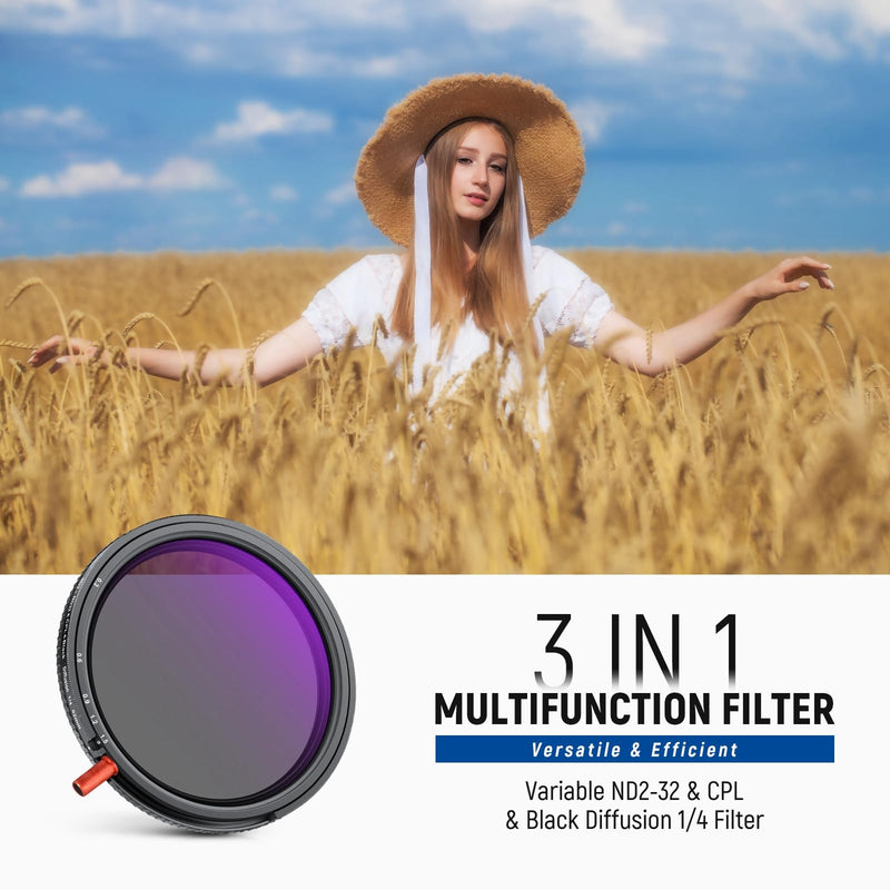 NEEWER 62mm 3 in 1 Variable ND + CPL + Black Diffusion 1/4 Lens Filter | HD ND2-32 Circular Polarizer Black Diffusion 1/4 Filter for Mist Cinematic Effect Filter Photography Camera Accessories