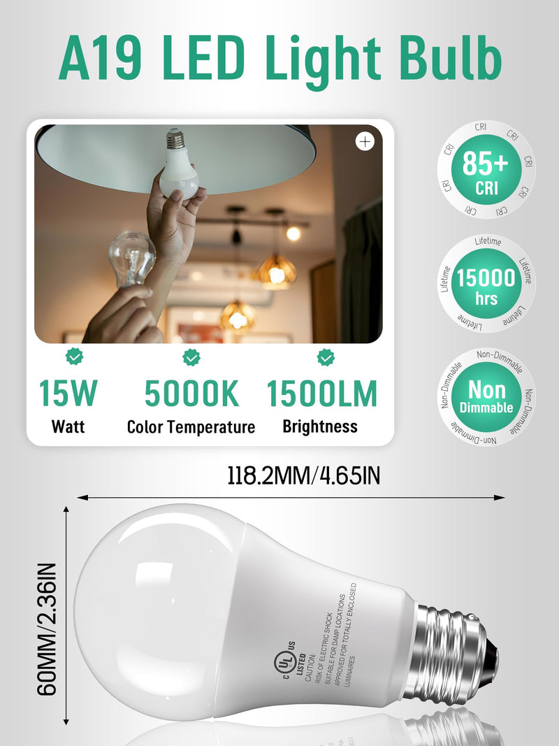 24 Pack LED Light Bulbs 100 Watt Equivalent, A19 15W 5000K Daylight White, 1500 Lumens Super Bright White Light, E26 Standard No Flicker Energy Saving Lamp Bulb for Home, Bedroom, Office, Non-Dimmable 24 Pack