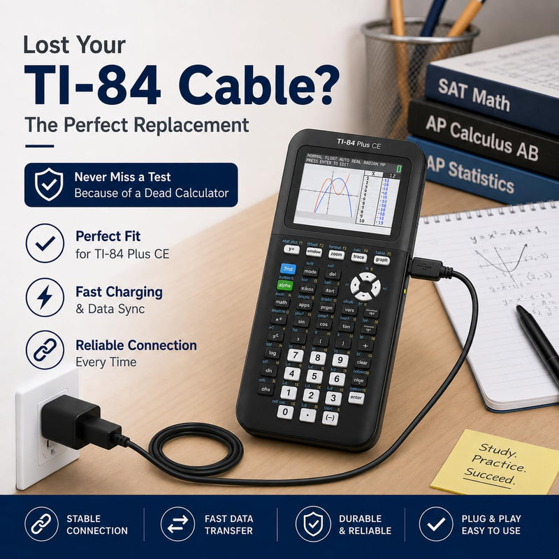 TI-84 Plus CE Charger Cable, USB-A to Mini USB Charge & Sync | Reliable USB-A to Mini USB Charge & Sync cable for TI-84 Plus CE calculators.
