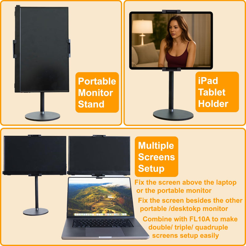 Portable Monitor Stand Tablet Stand for Desk Kindle Holder with Metal Disk, Telescopic Pole and Super Wide Clamp Portable Monitor Mount 15.6 inch 18.5 inch FL12C