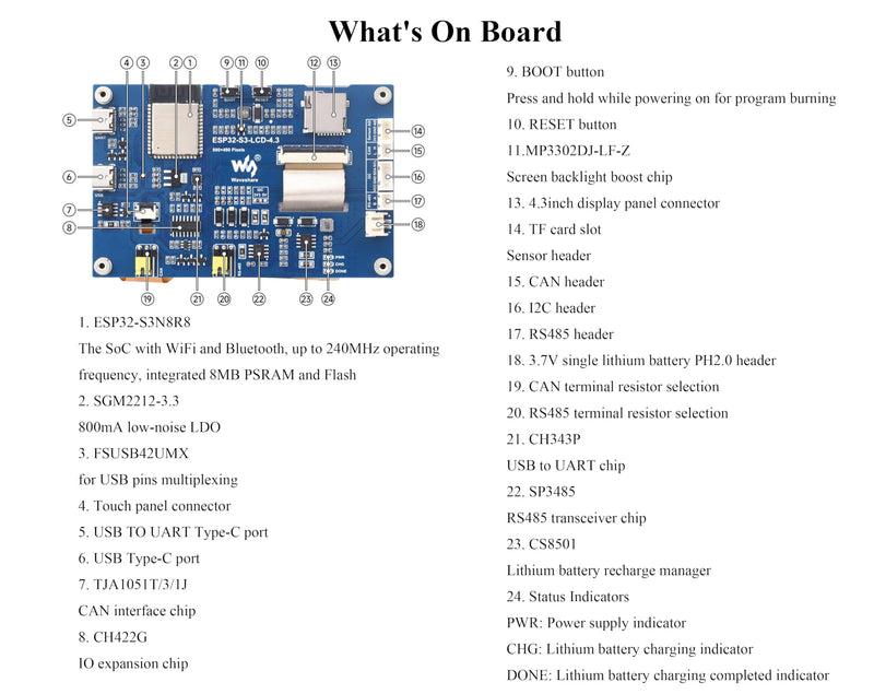 ESP32-S3 4.3inch Display Development Board, 800x480 Pixel IPS LCD Screen, 32-bit LX7 Dual-Core Processor, Up to 240MHz Frequency, Onboard CAN RS485 I2C Interfaces, Support W F& BLE 5 (No Touch)