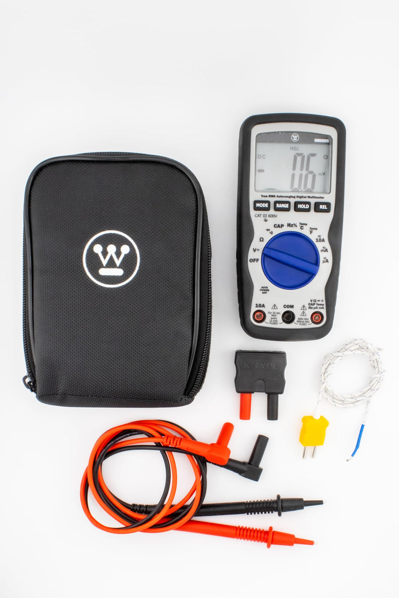 Westinghouse 600V True RMS Auto-Ranging Multimeter with Large Screen and Relative Mode; Measures Voltage Current Resistance Capacitance Frequency Temperature; Incl. Case and 2-Year Warranty. 600V L Screen