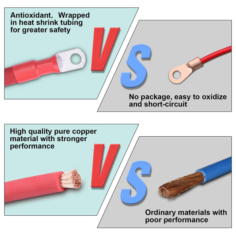 1/0 AWG Flexible Battery Cable with 3/8" Terminals - OFC Pure Copper Inverter & Welding Wire for Automotive Solar RV Motorcycle (Red + Black 1FT Pair) 1/0AWG 3/8" 1 FT Black + 1 FT Red