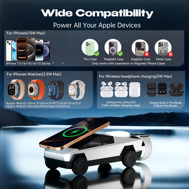 CyberDock 3-In-1 Wireless Charging Station for iPhone with Car Model Design 1:25 Scale, Qi Certified Mag-Safe Charger for iPhone iWatch AirPod, Rotating Charger with Ambient Light, 20W Adapter, Sliver