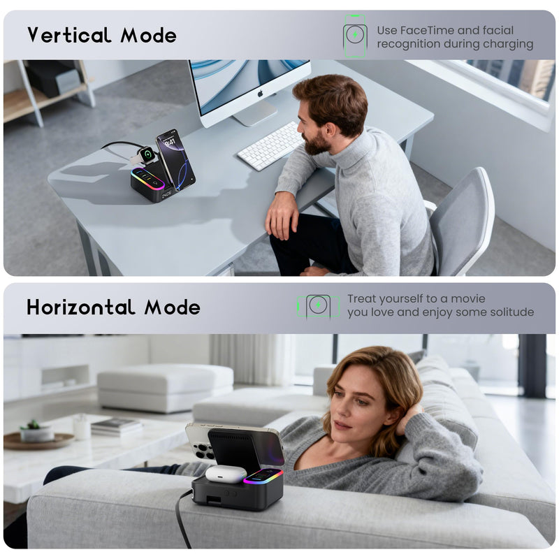 8-in-1 Foldable Wireless Charging Station for Apple Devices with Clock, 65W | Wireless Charge for Apple Watch, Phone & AirPods + 3 Extra Ports. Built‑in Retractable Cord, RGB Light & 65W GaN Fast Charge Black