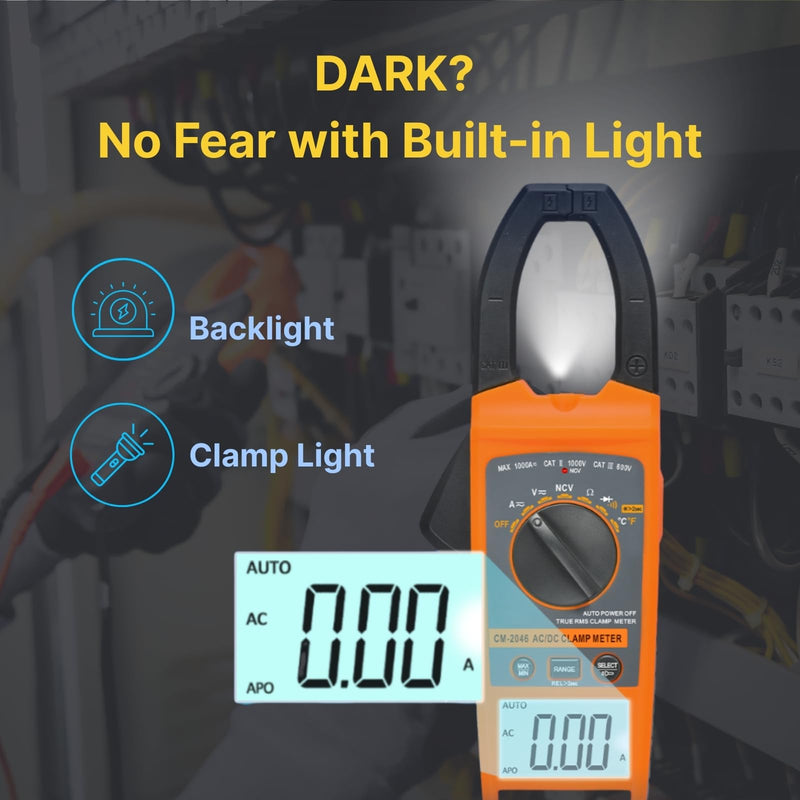 Digital Clamp Meter Multimeter 1000A AC/DC Amp Voltmeter, Auto-Ranging TRMS with Backlit LCD & NCV; Measures Voltage, Current, Temp, Duty Cycle, Capacitance, Frequency