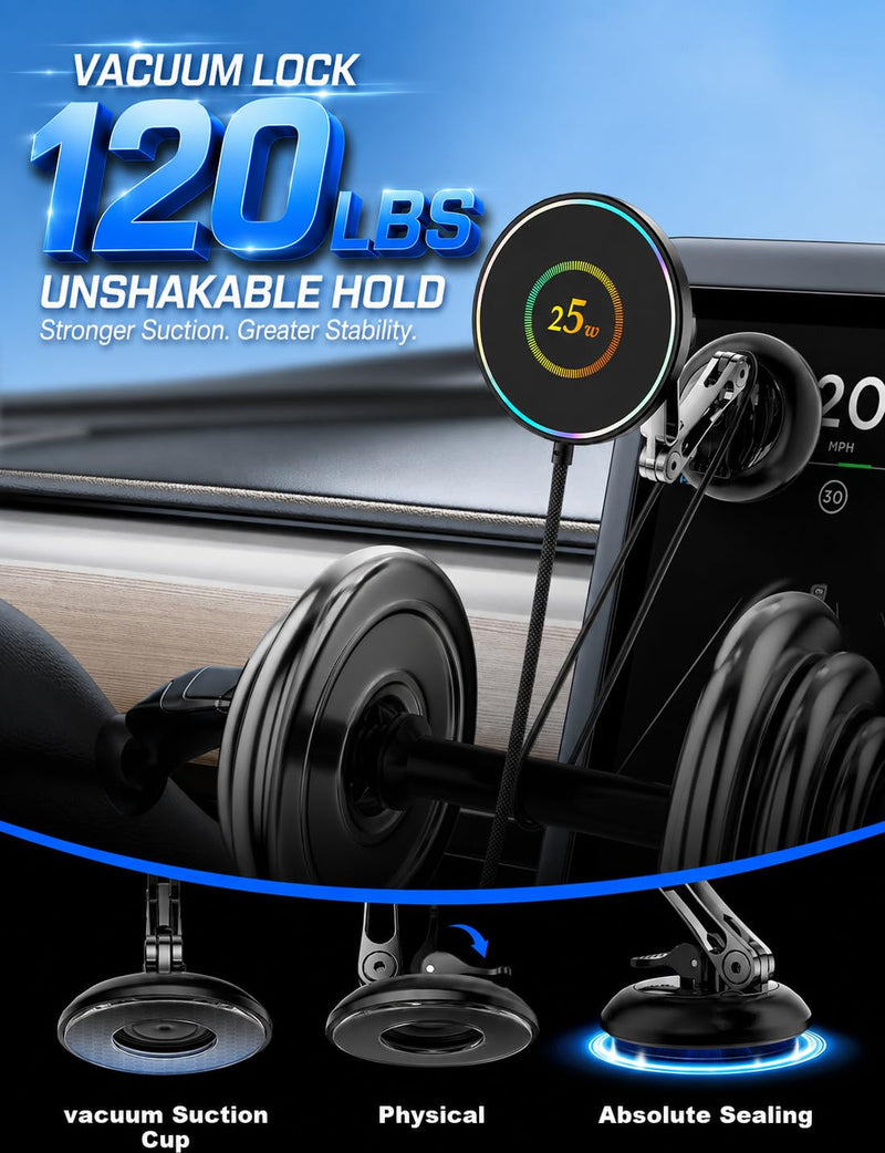 for 25W MagSafe Car Mount Charger, Magnetic Wireless Car Charger with 45W Adapter [120 LBS Strongest Suction] 360°Adjustable Metal Head, Vacuum Suction Cup Phone Mount for iPhone 12-17 Series