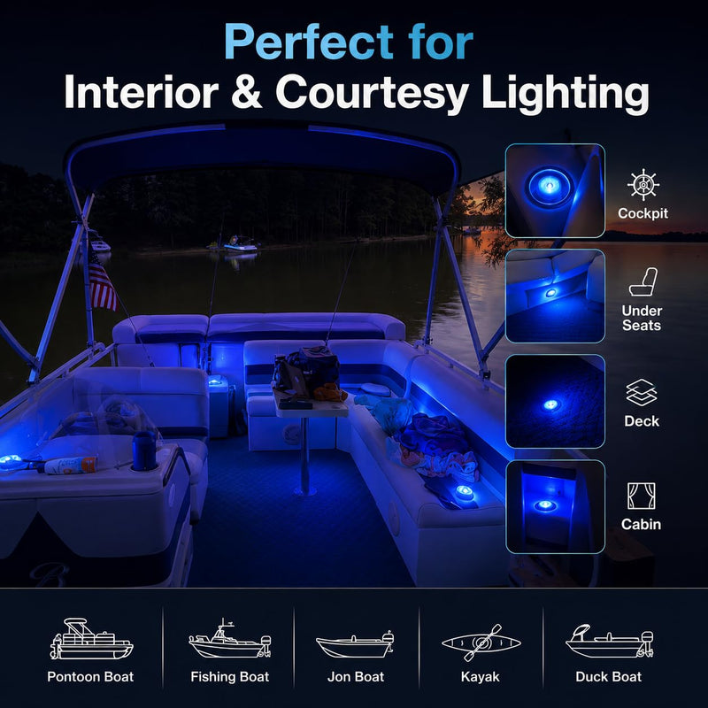 Seaponer Boat Lights Wireless Battery Operated, Waterproof Marine Led Light for Deck Courtesy Interior Lights, Fishing Kayak Duck Jon Bass Boat, RGB Multi Color Remote Controlled, 4pcs
