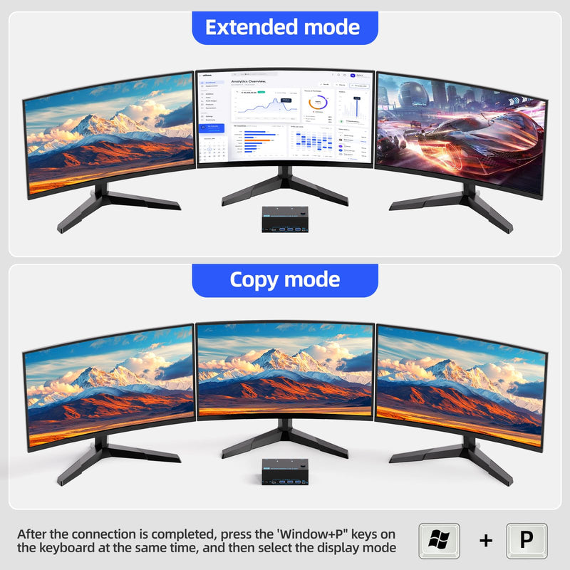 KVM Switch 3 Monitors 2 Computers 8K@30Hz/4K@60Hz, HDMI KVM Switches for 2 PC Sharing Triple Monitor and Keyboard Mouse with Power Adapter Black 8cm HDMI 2 in 3 out